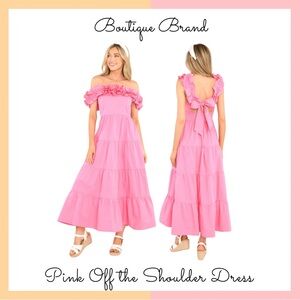 Pink Off the Shoulder Ruffle Maxi Dress